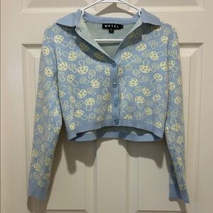 Motel Pastel Blue Cropped Cardigan with Pale Yellow Mushrooms Long Sleeves Soft